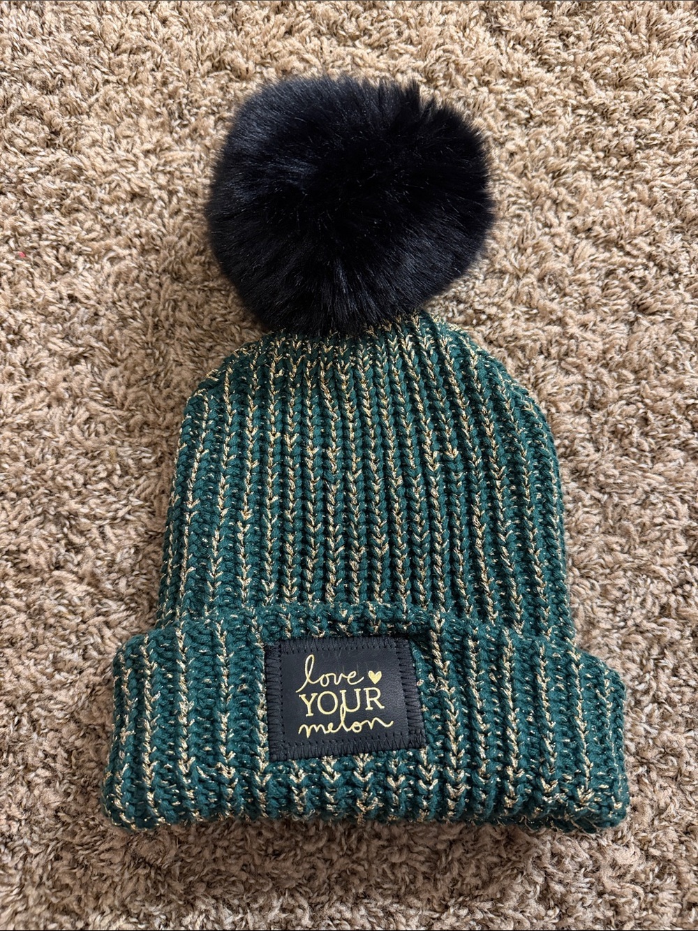 Love Your Melon Green and Gold Knit Beanie with Black Pom